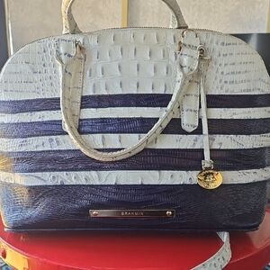 Brahmin Navy and Cream Croc-Embossed Satchel